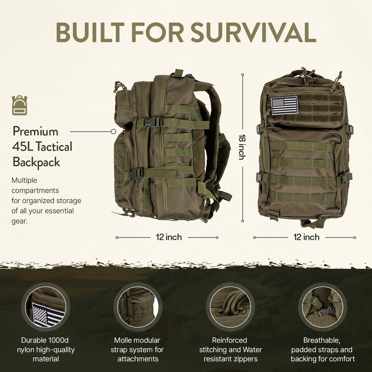 TacPreps 45L Complete 72-Hour Survival Bug Out Backpack Kit