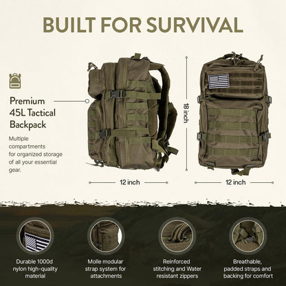 TacPreps 45L Complete 72-Hour Survival Bug Out Backpack Kit