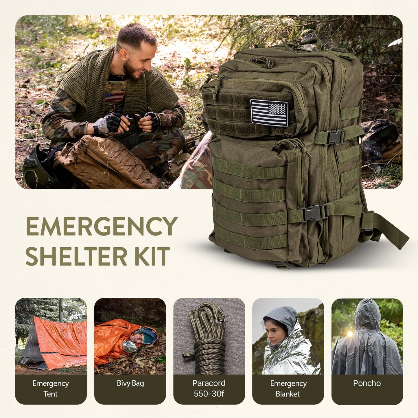 TacPreps 45L Complete 72-Hour Survival Bug Out Backpack Kit