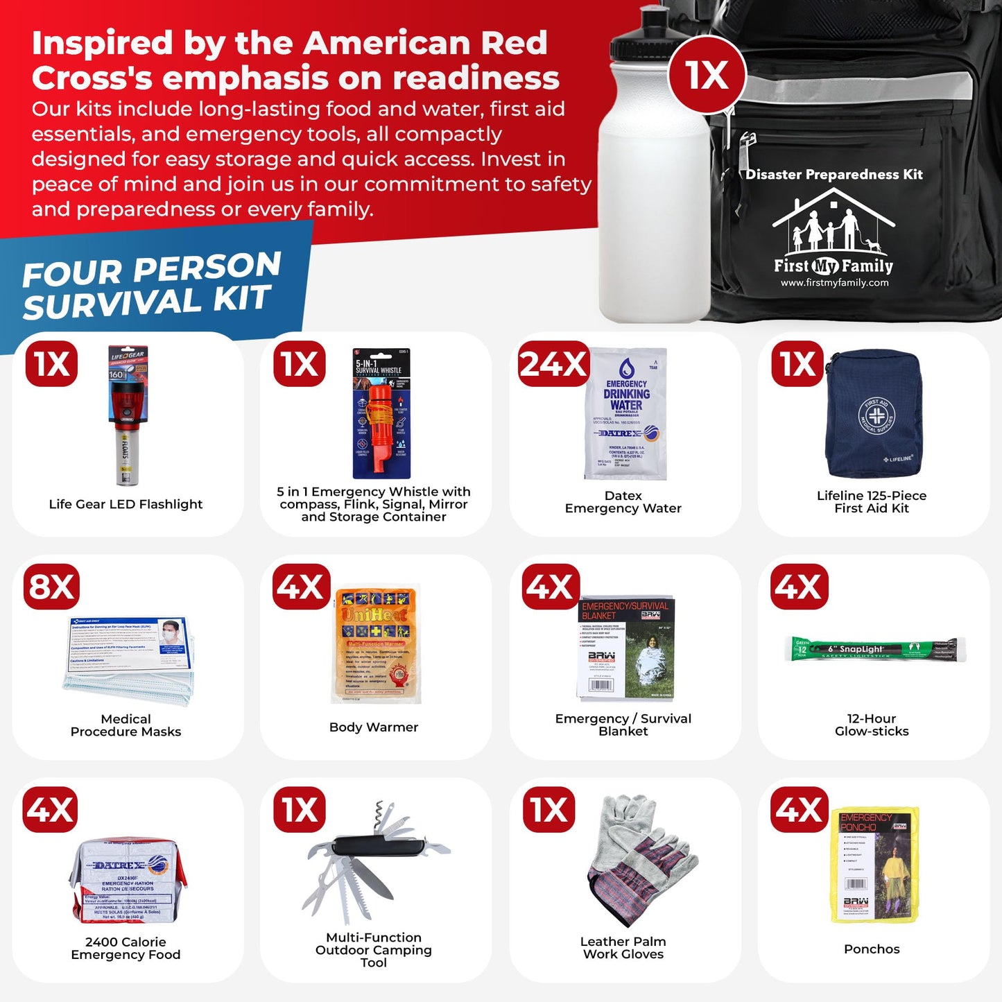 First My Family 4-Person Emergency Survival Backpack for Natural Disasters